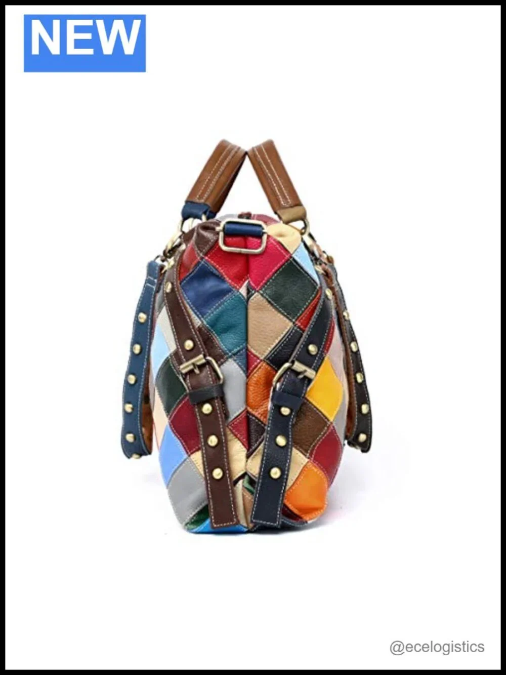 Genuine Leather Multicolor Cube Splicing Satchel Handbag Shoulder Bag with 3